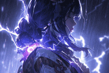 a girl with purple hair is standing in the rain with a lightning bolt behind her