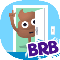 a cartoon illustration of a poop sticking its head out of a door with the phrase brb behind it