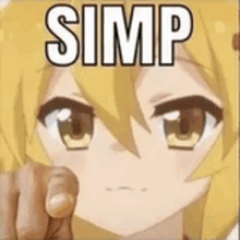 a close up of a person pointing at a yellow anime girl with the words `` simp '' written on it .