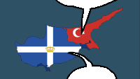 a white speech bubble is above a map of cyprus and a map of turkey