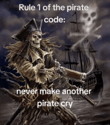 a picture of a pirate with the caption rule 1 of the pirate code : never make another pirate cry