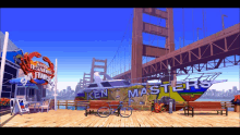 a boat that says ken masters sits on a pier