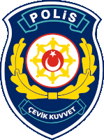 a blue and white emblem with the word polis on top