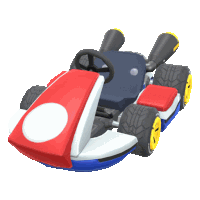 a red white and blue go kart with a white circle on the front