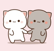 two cartoon cats are holding hands and standing next to each other on a pink background .