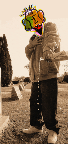 a man in a cemetery with a cartoon face on his face