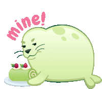 a cartoon seal is holding a cake with the words mine above it