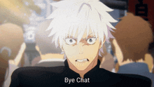 a man with white hair says bye chat in front of a crowd of people