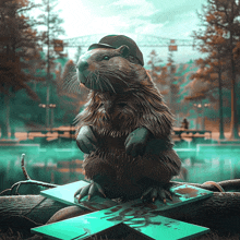 a beaver wearing a hat is sitting on a piece of wood