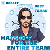 a cartoon of keanu reeves with the words hats off for the entire team below him