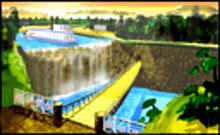 a computer generated image of a waterfall and a boat