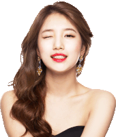 a woman with red lipstick and gold earrings winks her eye