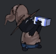 a cartoon character with a hat is holding a box of toilet paper .