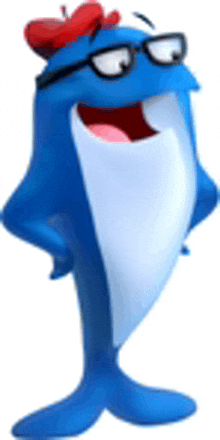 a blue cartoon dolphin with glasses and a red bow on its head .