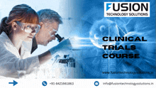 an advertisement for fusion technology solutions shows a man and woman looking through a microscope