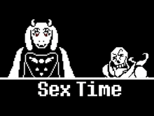 a pixel art of a man and a woman standing next to each other with the words sex time written below them .