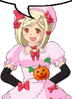 a cartoon girl with a pumpkin on her dress