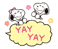 snoopy and woodstock are sitting on a cloud with flowers and a speech bubble that says yay yay