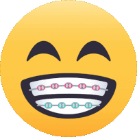 a yellow smiley face with pink and blue braces on its teeth