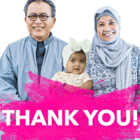 a man and woman holding a baby in front of a thank you banner