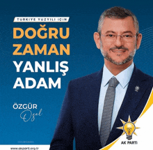 a man in a suit and tie stands in front of a blue background that says " doğru zaman yanlis adam "