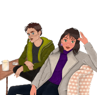 a man in a green jacket sits next to a woman in a purple turtleneck