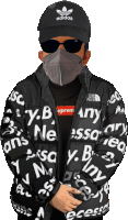 a man wearing a supreme jacket and sunglasses