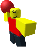 a yellow roblox character is holding a red boxing glove .