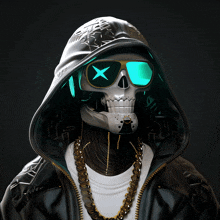 a skeleton wearing a hooded jacket and sunglasses with a cross on his eyes