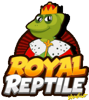 a logo for royal reptile studio with a green frog wearing a crown