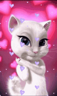 a white cat with blue eyes is surrounded by hearts