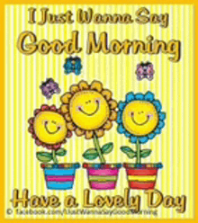 a good morning card with three potted flowers with smiley faces on them .