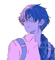 a drawing of a boy with blue hair and a pink shirt with the name aaronox on the bottom right