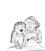 a black and white drawing of two women laughing