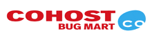 a red and blue logo for cohost bug mart co