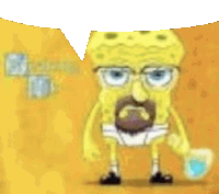 a cartoon of spongebob with glasses and a beard holding a cup of water .