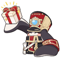 a cartoon character holding a gift box with a red ribbon