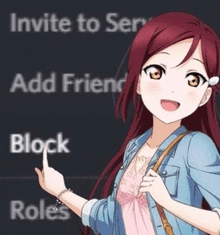 a girl in a denim jacket is pointing at the words invite to serve add friend block and roles .