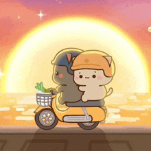 a cartoon of two cats on a scooter with a basket of vegetables