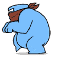 a blue cartoon character with a scarf around his neck .