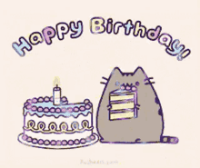 a cartoon cat is standing next to a birthday cake with a candle .