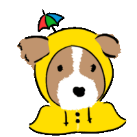 a cartoon dog wearing a yellow raincoat with an umbrella on its head