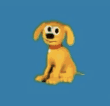 a yellow cartoon dog with a red collar is sitting on a blue background