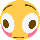 a close up of a yellow smiley face with big eyes and pink cheeks .