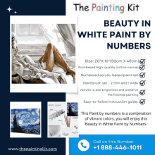 an advertisement for a white paint by numbers painting kit