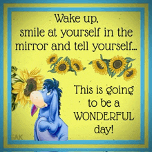 eeyore from winnie the pooh with a quote that says wake up smile at yourself in the mirror and tell yourself