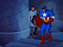 a cartoon of captain america walking down stairs