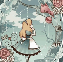 a cartoon of alice in wonderland surrounded by flowers and a sign that says let 's go