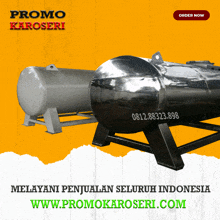 two stainless steel tanks are sitting on a wooden table with a yellow background that says promo karoseri