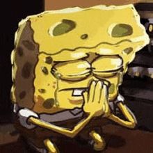 spongebob squarepants is covering his nose with his hand while sitting down .